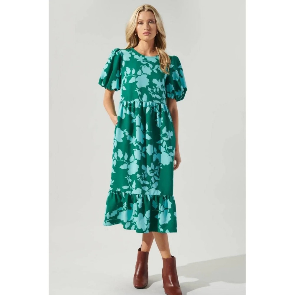 SugarLips Floral‎ Midi Dress Womens Small Green Blue Puff Sleeve Ruffle Hem